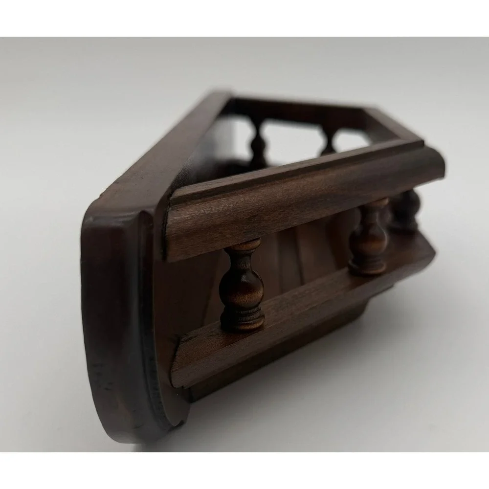 Vintage Dark Wood Corner Floating Shelf with Spindle Rail Gallery 14 Inch